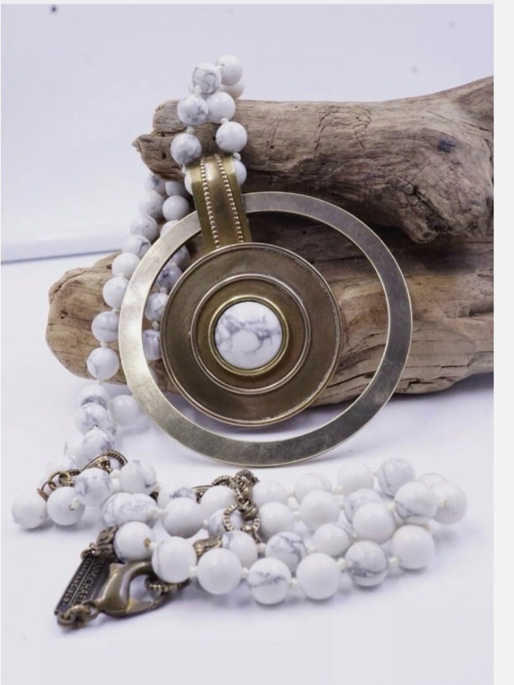 Jan Michaels White Howlite Bead Necklace with Brass Concentric Pendant